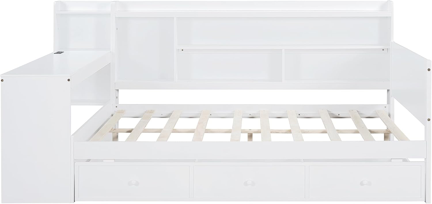 SOFTSEA Full Size Daybed with Storage Drawers & Bokcase, Wood Daybed with Desk, Bookcase & USB Ports for Kids Teens Adults, L Shaped Bed Frame with Convertible Headboard for Bedroom Living Room, White
