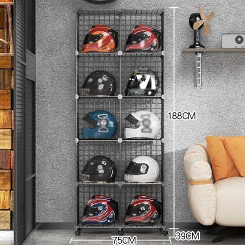 Motorcycle & Fireman's Helmet Display Case - Floor-Standing Metal Rack for Hard Hats, Baseball Caps & Collectibles - Stackable Modular Shelves for Retail Showcases