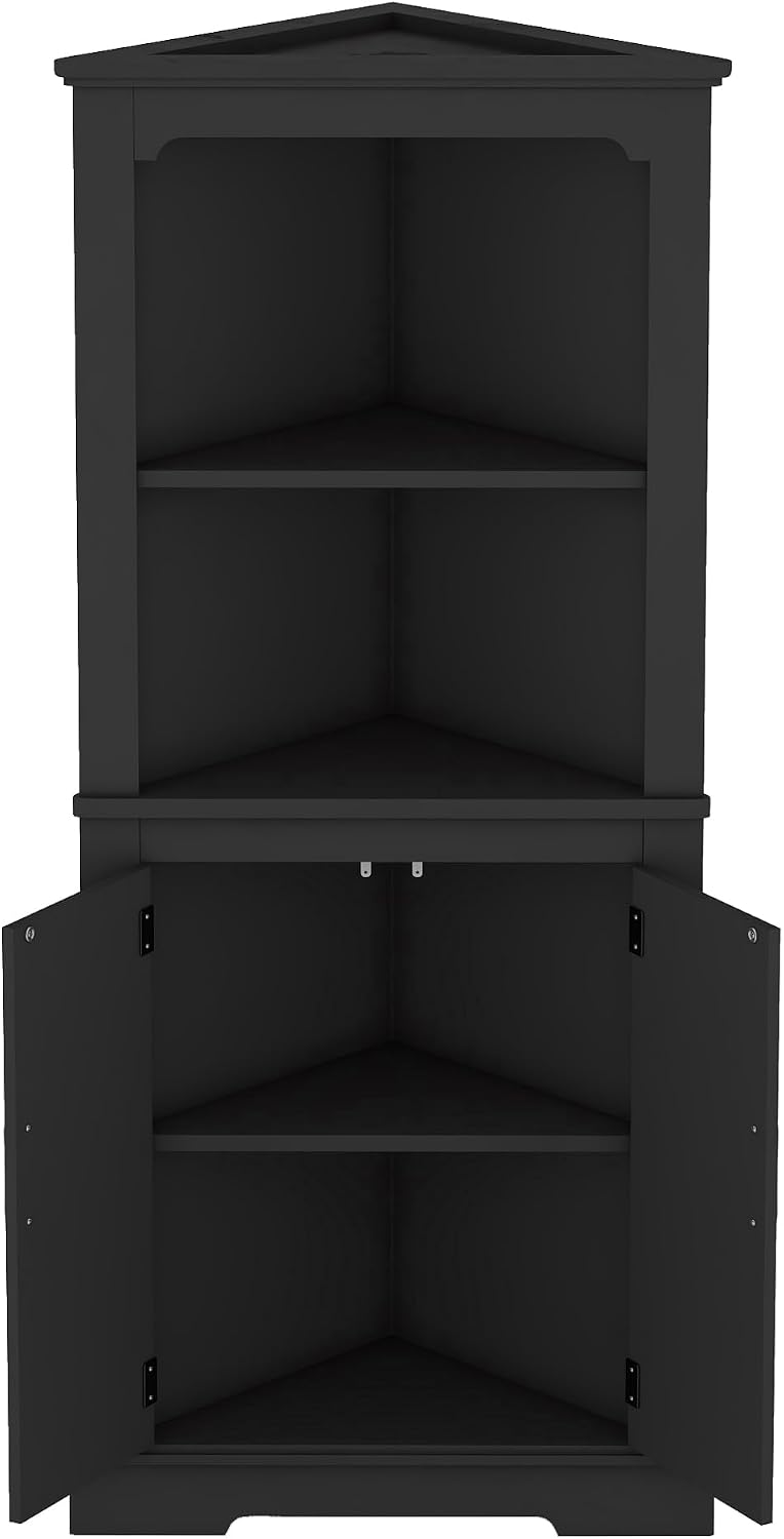 DOFFO Tall Bathroom Corner Cabinet, 69.3'H Freestanding Corner Storage Cabinet with 2 Doors and Open Shelves, Bathroom Floor Storage Display Organizer for Living Room, Dining Room and Kitchen (Black)