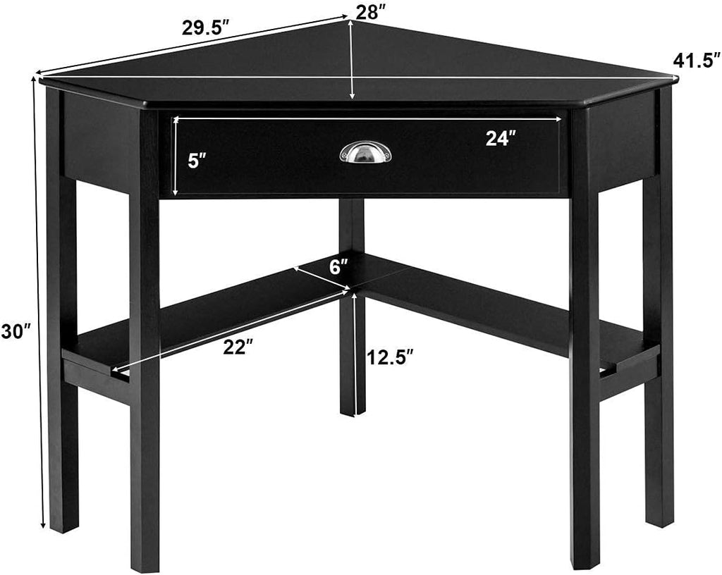 HOMGX Corner Desk, Writing and Study Corner Computer Desk, Laptop PC Table, Wood Home Office Desk, Small Corner Desk with Storage Drawer, Shelves, Office Study Workstation (Black)