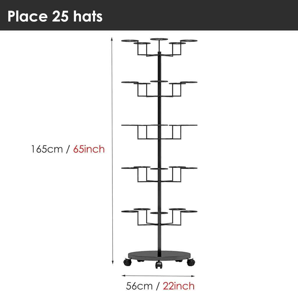 Hat Display Stand Rolling Hat Organizer Holder for Baseball Caps, Standing Hat Display Rack with Wheels, for Home Store Storage, Black