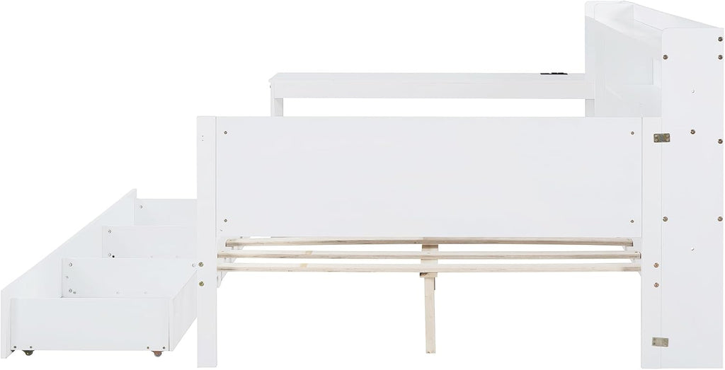 SOFTSEA Full Size Daybed with Storage Drawers & Bokcase, Wood Daybed with Desk, Bookcase & USB Ports for Kids Teens Adults, L Shaped Bed Frame with Convertible Headboard for Bedroom Living Room, White