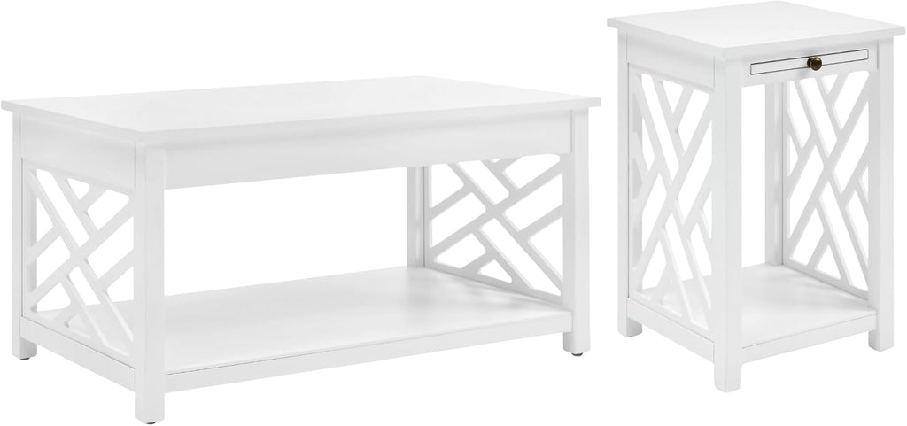 Coventry 2-Piece Living Room Table Set – Cottage Style Coffee Table and End Table with Lower Shelves and Pull-Out Tray – for Apartment, Loft, or Teen Room by Alaterre Furniture (White)