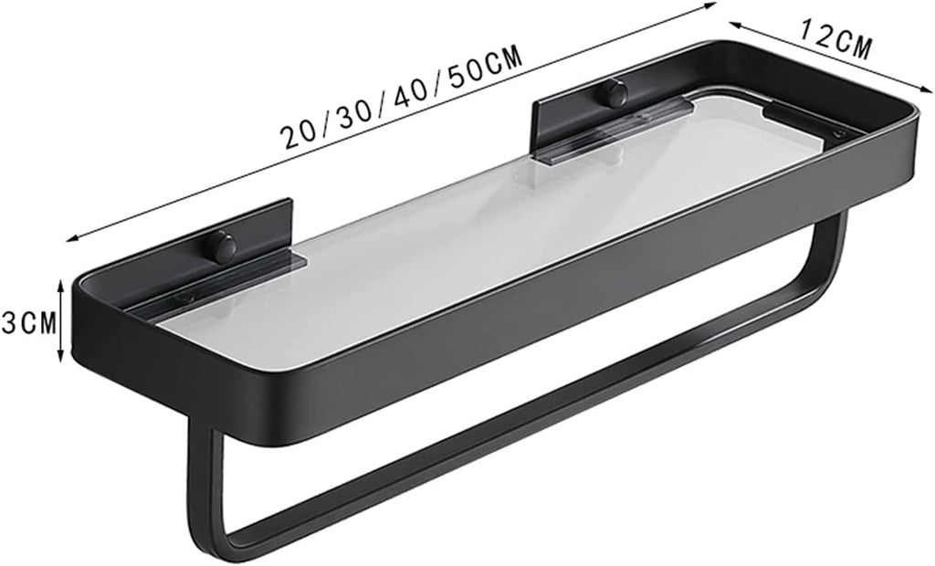 IOCCIOBB Bathroom Glass Shelf Floating Shelving with Towel Rail Bar, Aluminum Bathroom Tempered Glass Shelf Ectangular Shower Shelves (Color : Black, Size : 30 * 12 * 3cm)