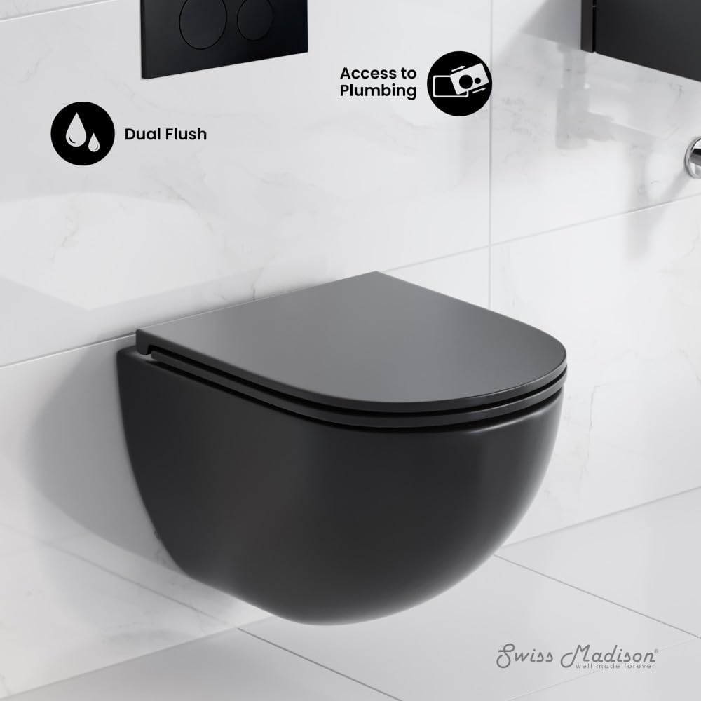 Swiss Madison St. Tropez Wall-Hung Toilet Bundle 0.8/1.6 GPF Dual Flush in Matte Black with Black Flush Plate