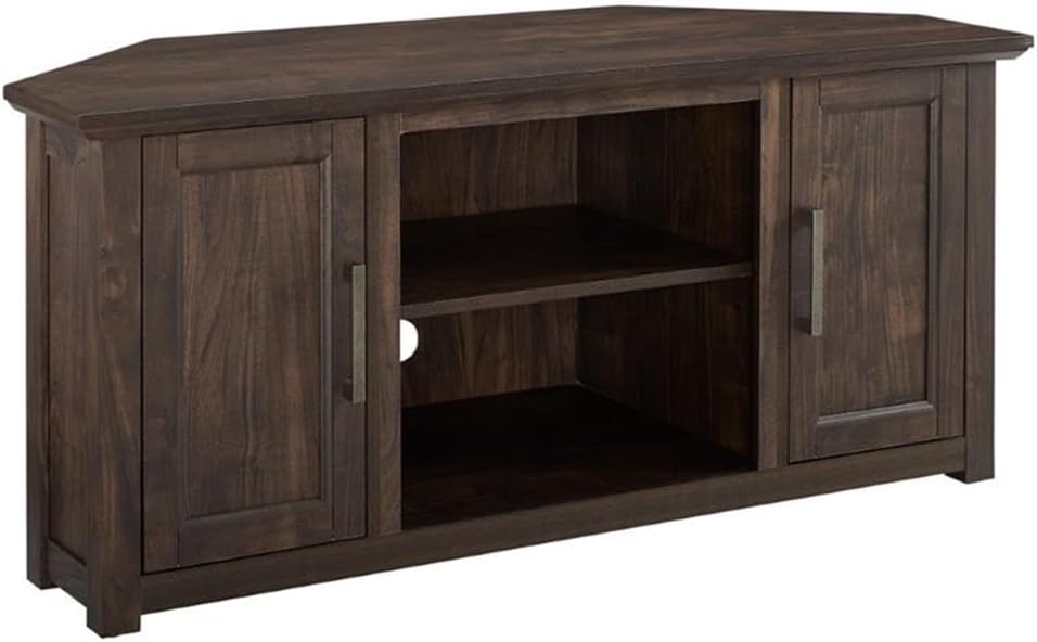 Pemberly Row Modern 48' Rustic Wood Corner TV Stand, Dark Walnut Finish, Fits TVs Up to 50 in, Adjustable Shelves, Antique Brass Hardware, Cable Management, Space-Saving Design for Living Room