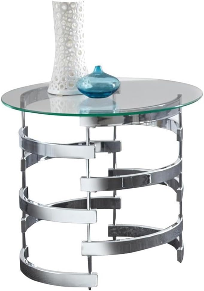 BOWERY HILL End Table Coffee Accent Table, Round, Contemporary, Indoor in Glass Top and Wood, Chrome