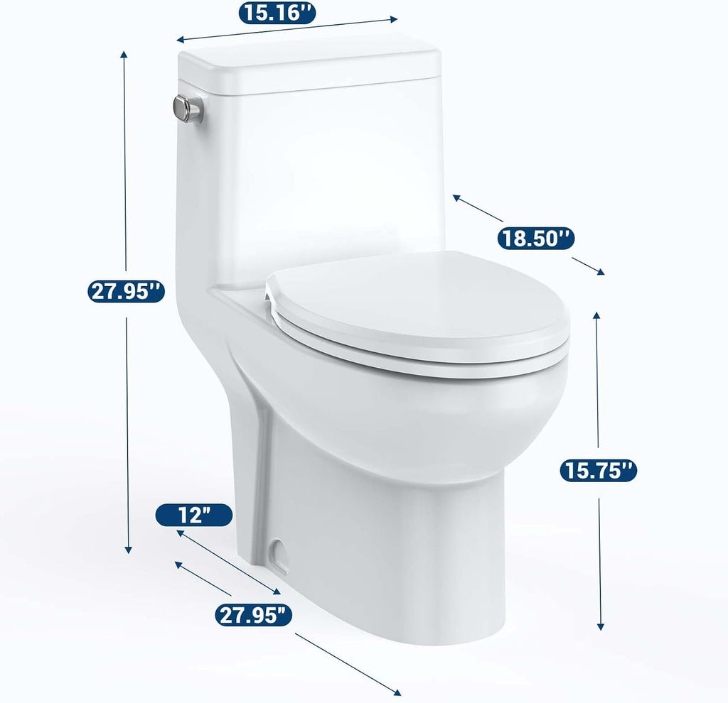 One Piece Toilet, Elongated Ceramic Toilet with Side Push Button 4.8L Flush & Soft Close V-Cover, White