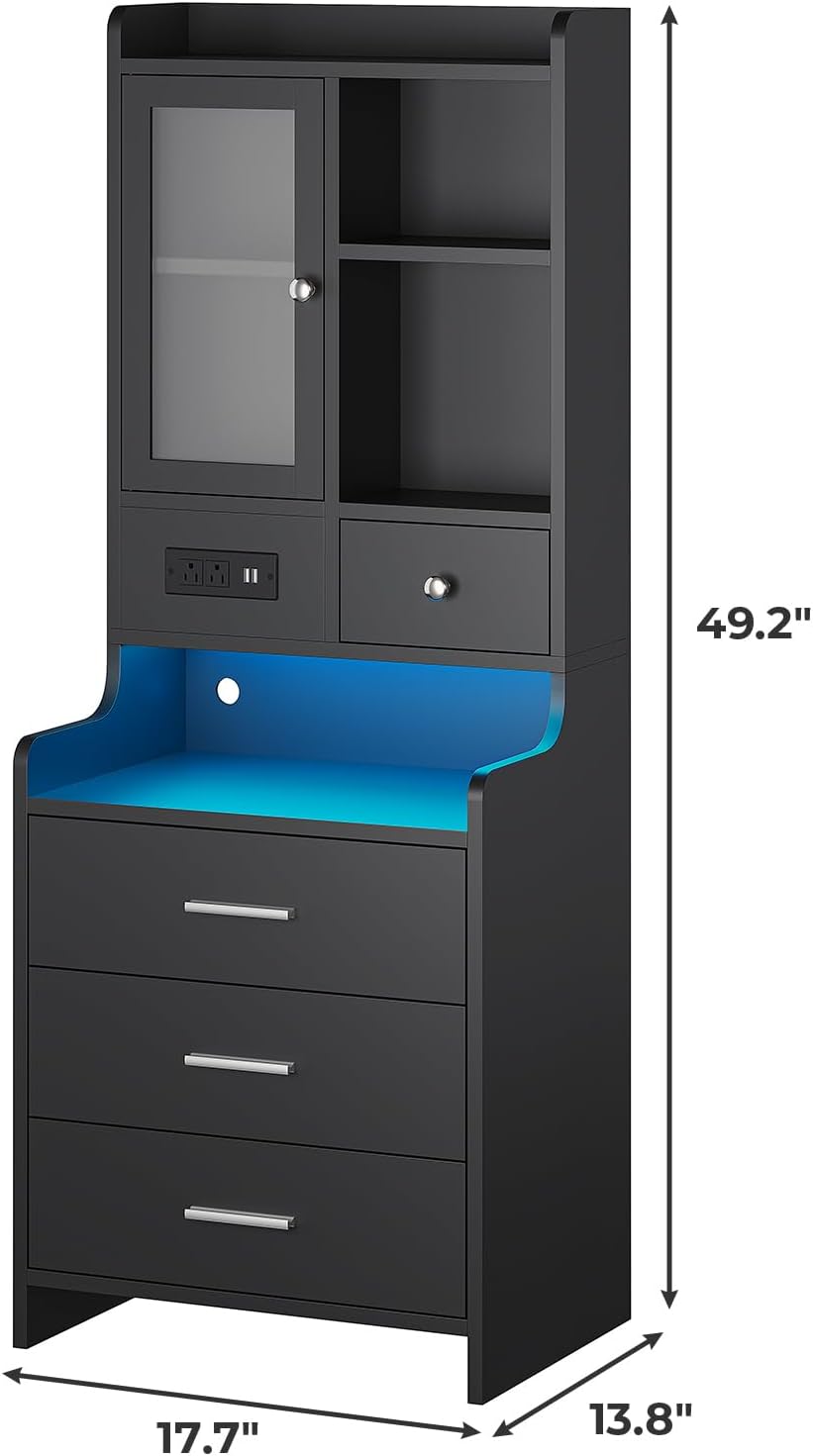 ADORNEVE Black Night Stand Set of 2 with Charging Station,49.2' LED Nightstand for Bedroom,Tall Bedside Table with Bookshelf and Drawers,Side Tables Bedroom,13.8' D x 17.7' W x 49.2' H