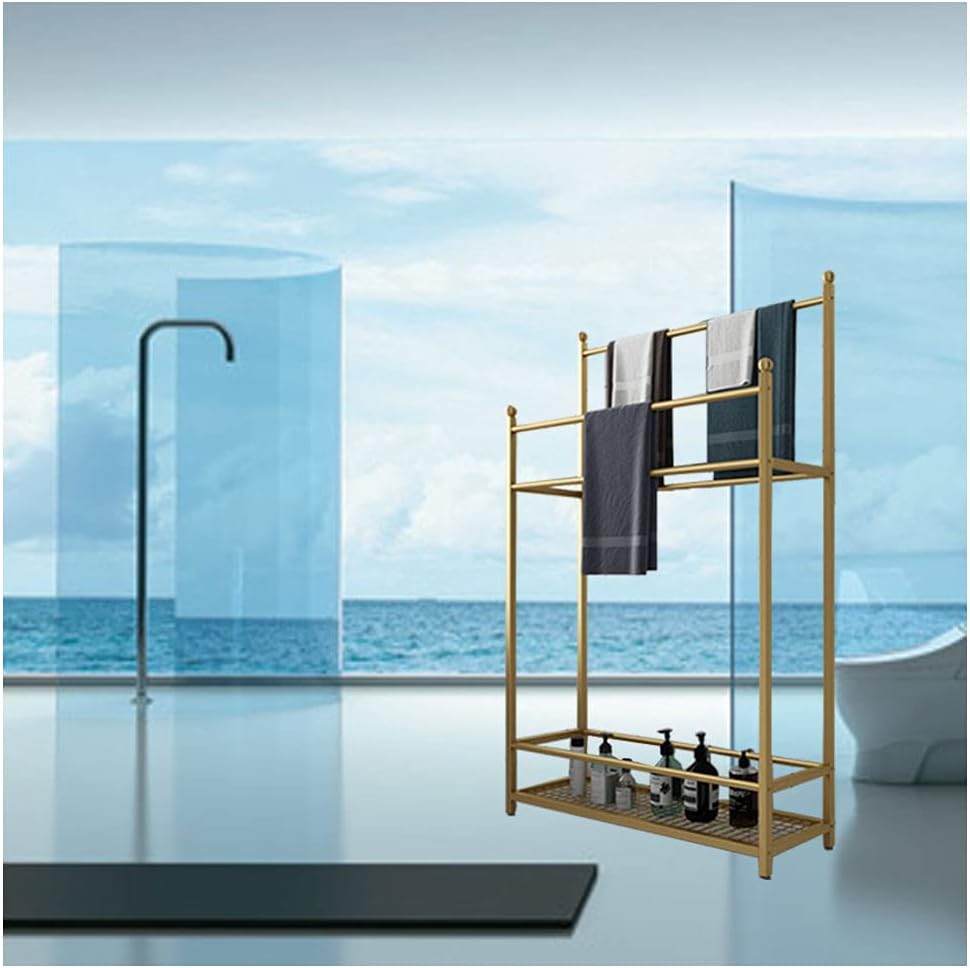 Exquisite Bathroom Shelves Beach Towel Drying Rack Freestanding Outdoor Towel Holder Stand with Bottom Storage Shelf and 4 Bars, Metal Towel Ladder Rack for Bathroom, Kitchen, Washroom