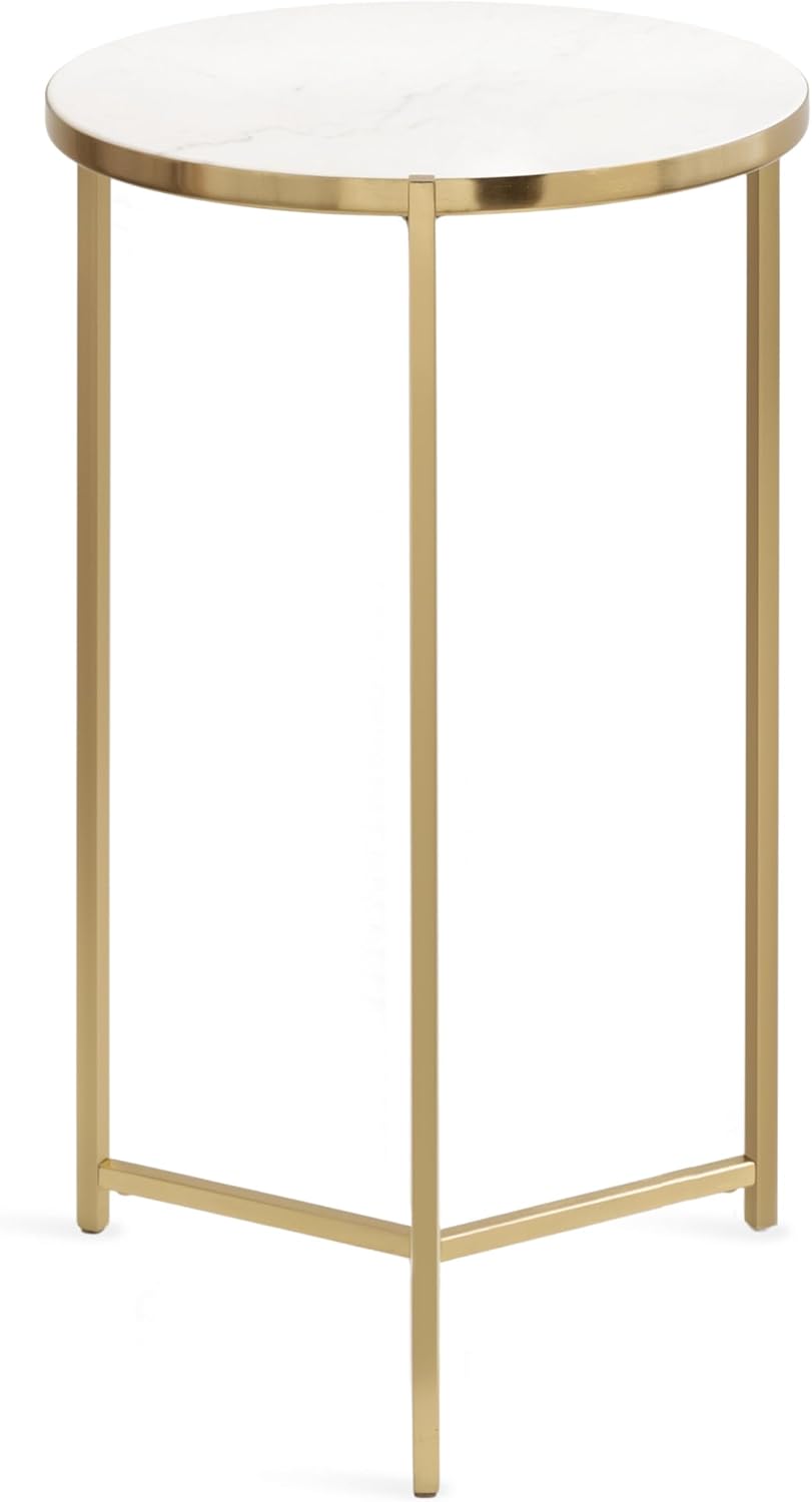 Kate and Laurel Aguilar Modern Round Side Table, 15 x 15 x 24, White and Gold, Genuine Marble Nightstand for Small Spaces and Living Room Decor