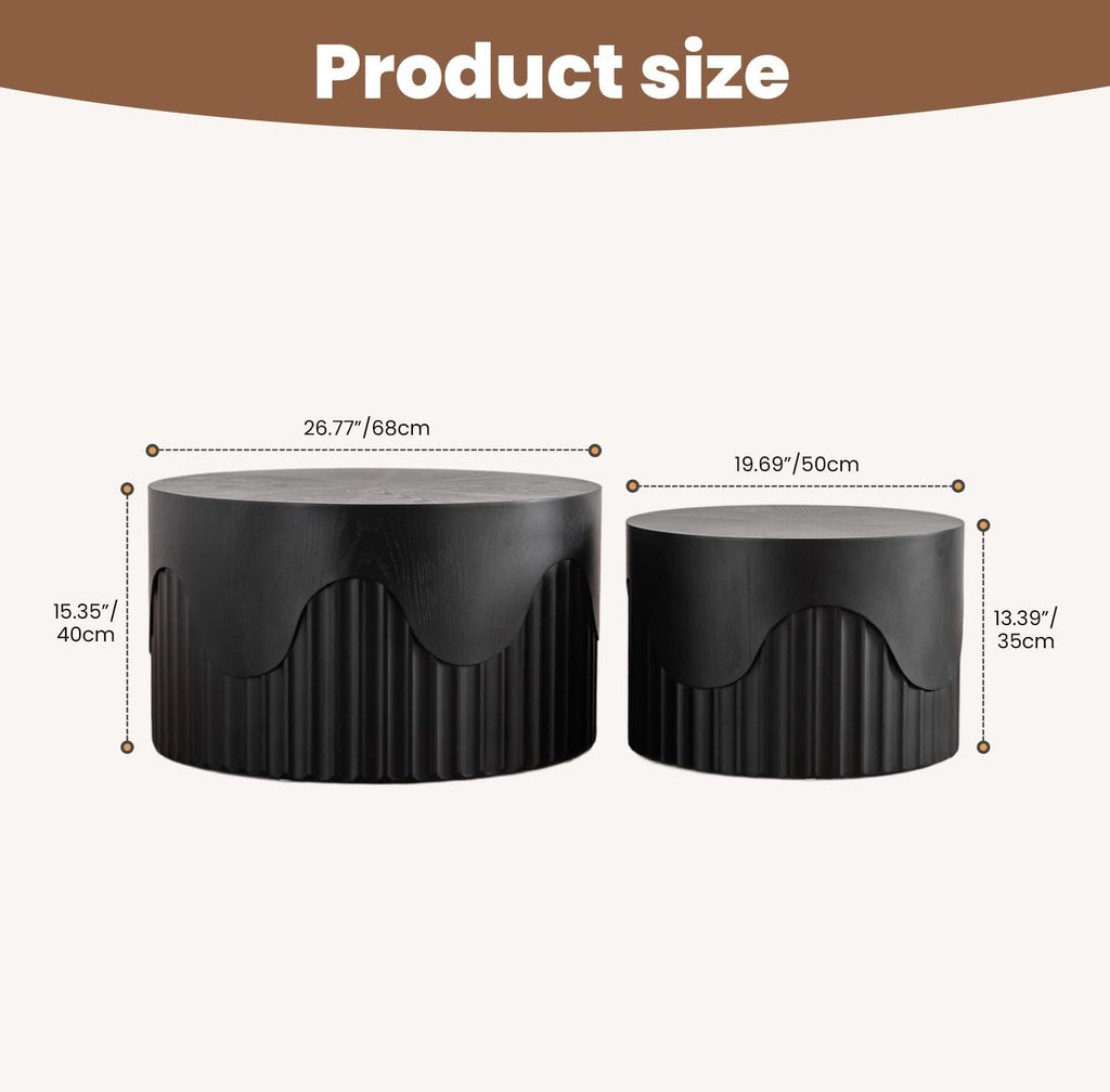 Fluted Round Nesting Coffee Table Set of 2, Modern Unique Circle Coffee Table, Drum Side Tea Table, Space-Saving for Living Room, Bedroom, Balcony, Office, No Assembly (26.77'+19.69' Black A)