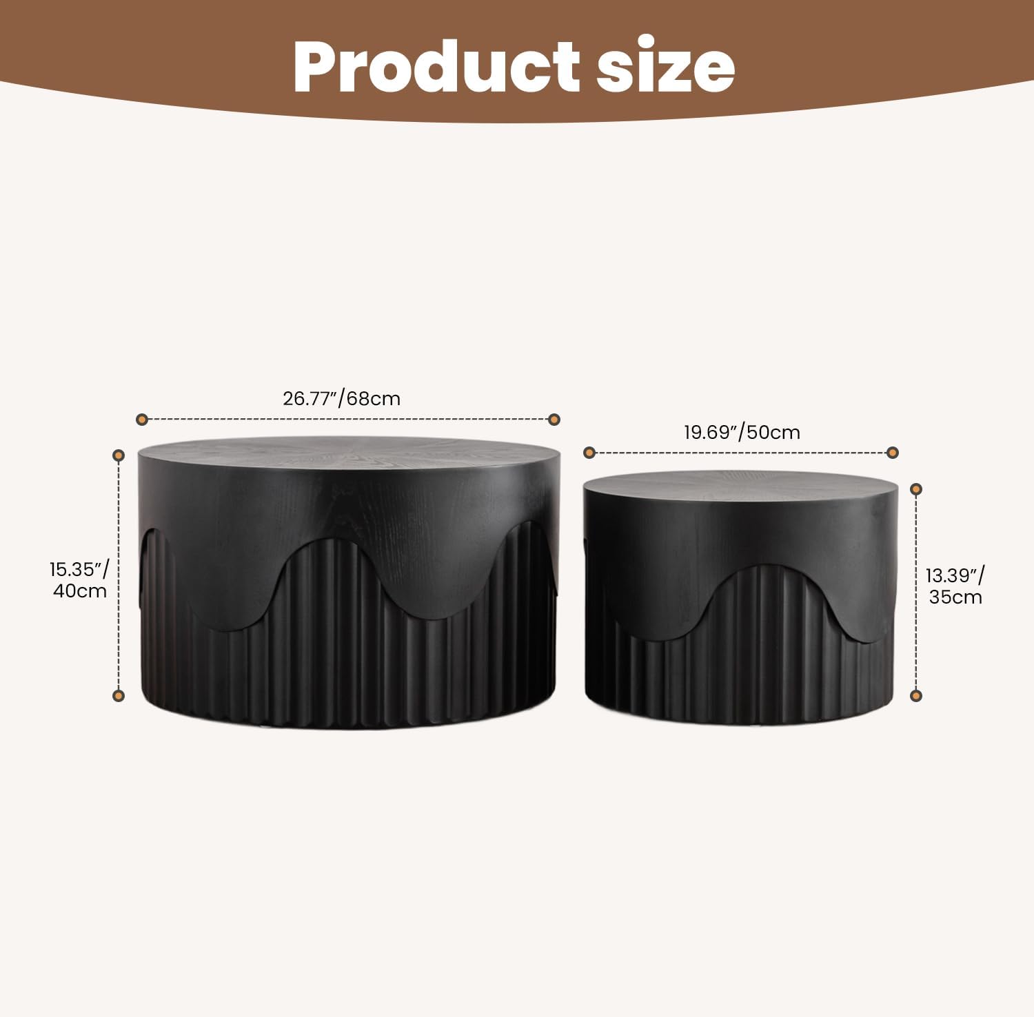Fluted Round Nesting Coffee Table Set of 2, Modern Unique Circle Coffee Table, Drum Side Tea Table, Space-Saving for Living Room, Bedroom, Balcony, Office, No Assembly (26.77'+19.69' Black A)