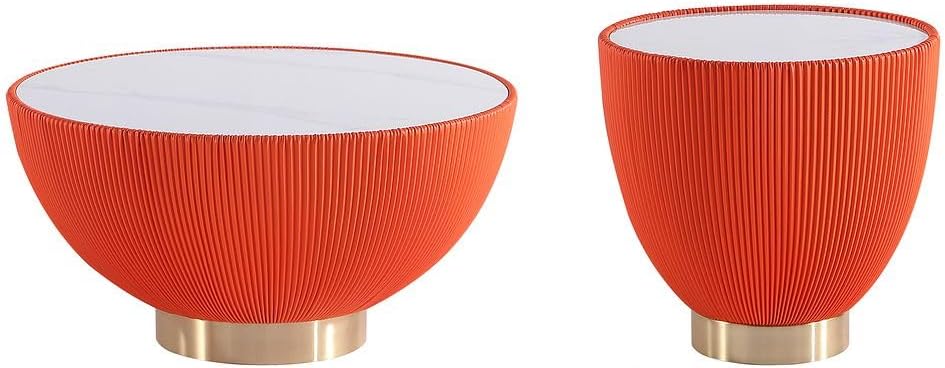 Manhattan Comfort Modern Anderson Coffee Table and End Table 2.0 Upholstered in Orange Leatherette with Ceramic Faux Tabletop - Set of 2