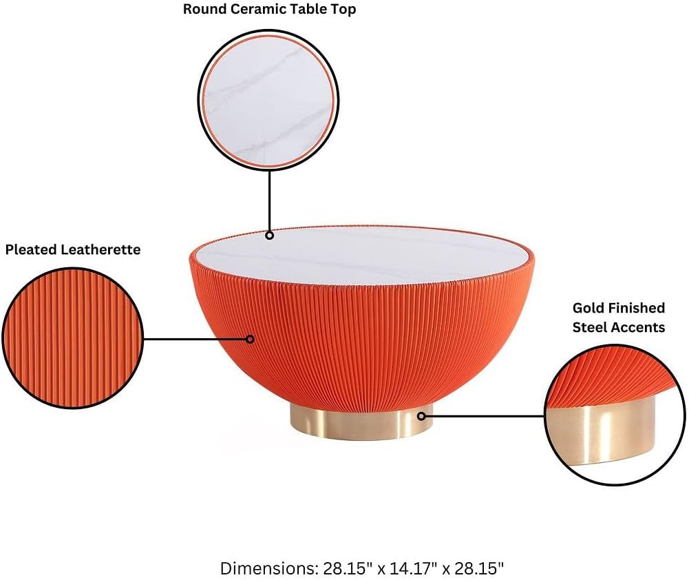 Manhattan Comfort Modern Anderson Coffee Table and End Table 2.0 Upholstered in Orange Leatherette with Ceramic Faux Tabletop - Set of 2