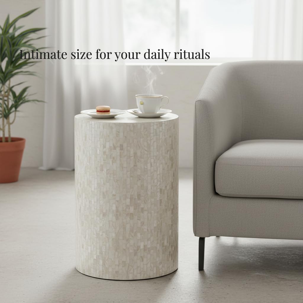 PEMAR Mother of Pearl Cylinder Drum End Table Nacre Side Stool Round Accent Table Coffee Bedside Nightstand and Vanity Stool 13' Diameter x 19.3' High Pearl White & Cream