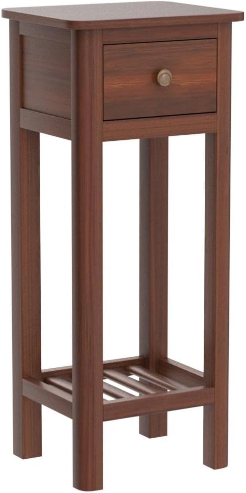 Giantex Tall End Table Set of 2, Narrow Side Table with Drawer and Shelf, Acacia Wood Nightstand for Living Room, 2-Tier Bedside Table for Small Space, No Assembly, Rustic Brown