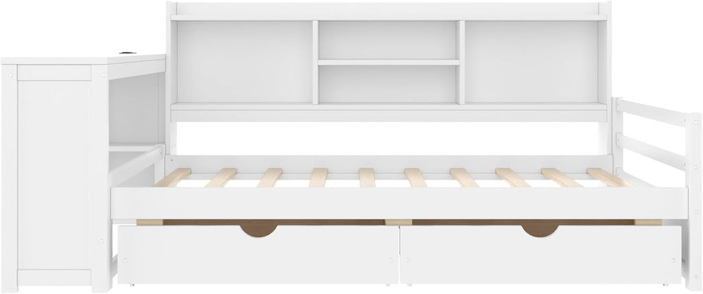 SOFTSEA Twin Corner Bed Frame with Storage Drawers, Desk & Bookcase, Wood Corner Daybed with Charging Station, L-Shaped Daybed for Kids Bedroom, No Box Spring Needed, White