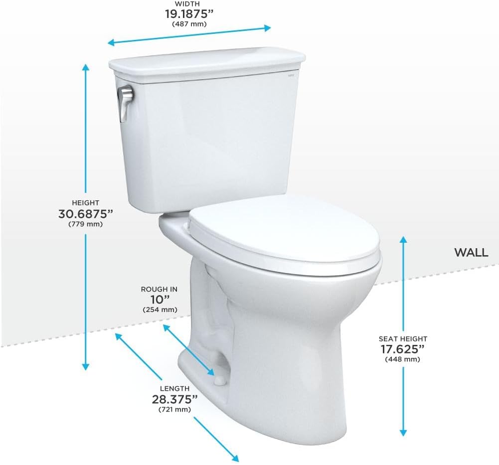 TOTO Drake Transitional Two-Piece Elongated 1.28 GPF Universal Height TORNADO FLUSH Toilet with 10 Inch Rough-In, CEFIONTECT, and SoftClose Seat, WASHLET+ Ready, Cotton White - MS786124CEFG.10#01