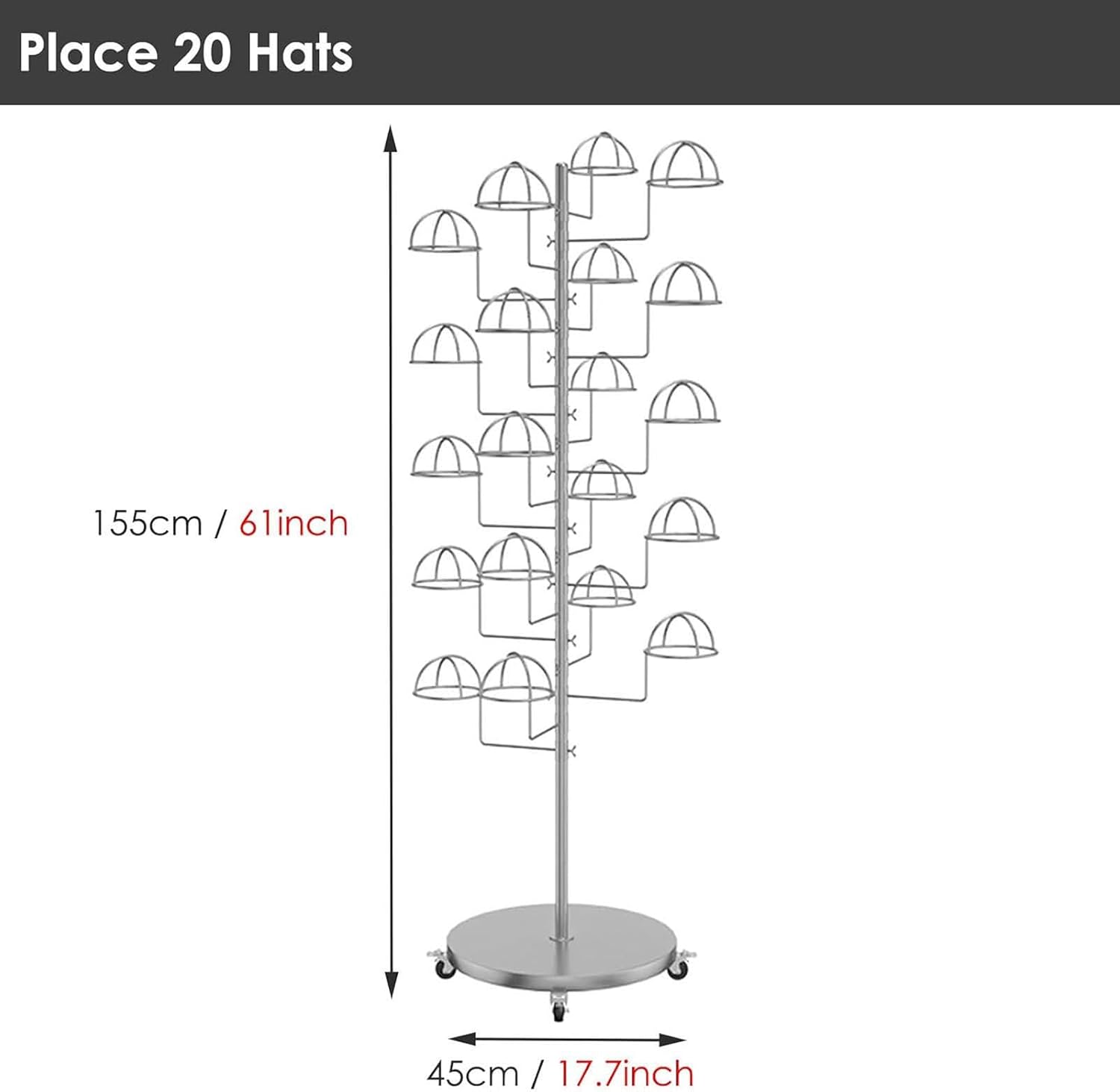 Hat Rack Stand Baseball Hat Holder Movable Hat Display Racks, Large Capacity Hat Holder, Metal Heavy Duty Storage Organizer for Baseball Caps/Cowboy Hats,White-Place 20 Hats