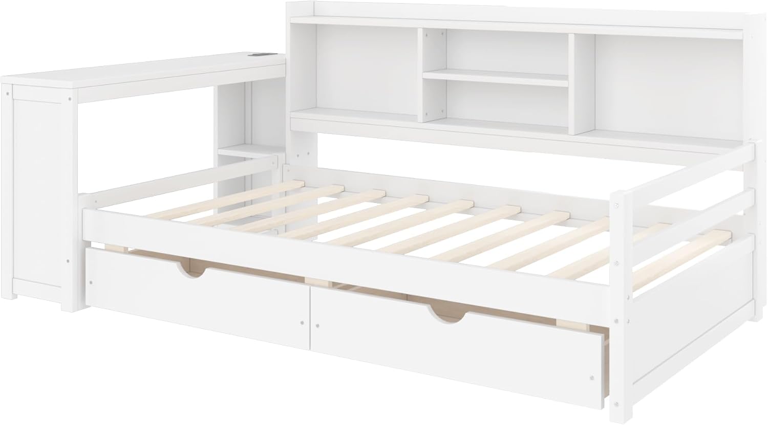 SOFTSEA Twin Corner Bed Frame with Storage Drawers, Desk & Bookcase, Wood Corner Daybed with Charging Station, L-Shaped Daybed for Kids Bedroom, No Box Spring Needed, White