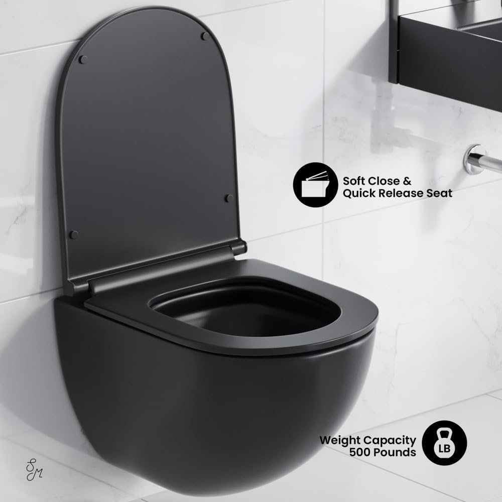 Swiss Madison St. Tropez Wall-Hung Toilet Bundle 0.8/1.6 GPF Dual Flush in Matte Black with Black Flush Plate