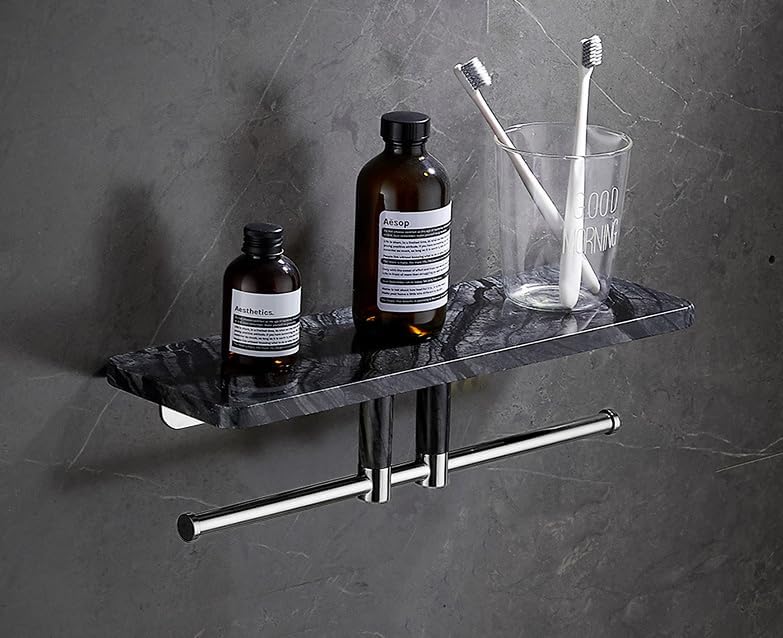 Marble Paper Towel Holder, Towel Rail, Wall Mounted Toilet Paper Holder, Shelf, black-30 Long Shelf with bar