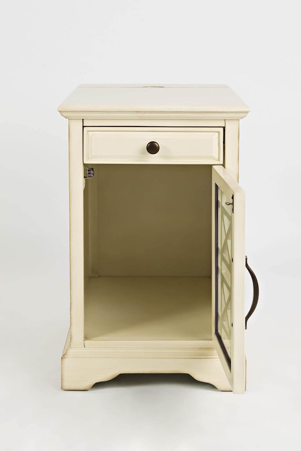 Jofran Farmhouse Craftsman End Table with Charging Station – Narrow Night Stands with USB Charging Port – Space-Saving Design for Bedroom, Living Room, or Entryway, Antique Cream