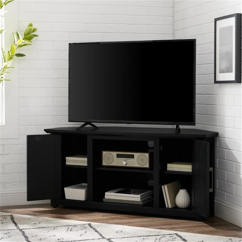 Pemberly Row Contemporary 48' Rustic Wood Corner TV Stand, Black Finish, Fits TVs Up to 50', Adjustable Shelves, Open Center Storage, Cable Management, Modern Farmhouse Style for Living Room Use