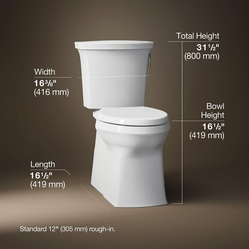 KOHLER 3814-RA-0 Corbelle Comfort Height(R) elongated 1.28 gpf toilet with skirted trapway and Revolution 360 swirl flushing technology and right-hand trip lever (2 Piece), White