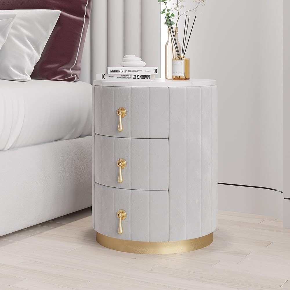 homary Velvet Nightstand with 3 Drawers, Gray Round Bedside Table with Sintered Stone Top, Modern Nightstand with Storage for Bedroom, End Table for Living Room