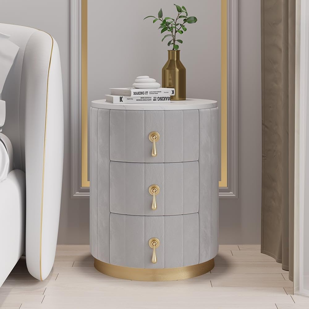homary Velvet Nightstand with 3 Drawers, Gray Round Bedside Table with Sintered Stone Top, Modern Nightstand with Storage for Bedroom, End Table for Living Room