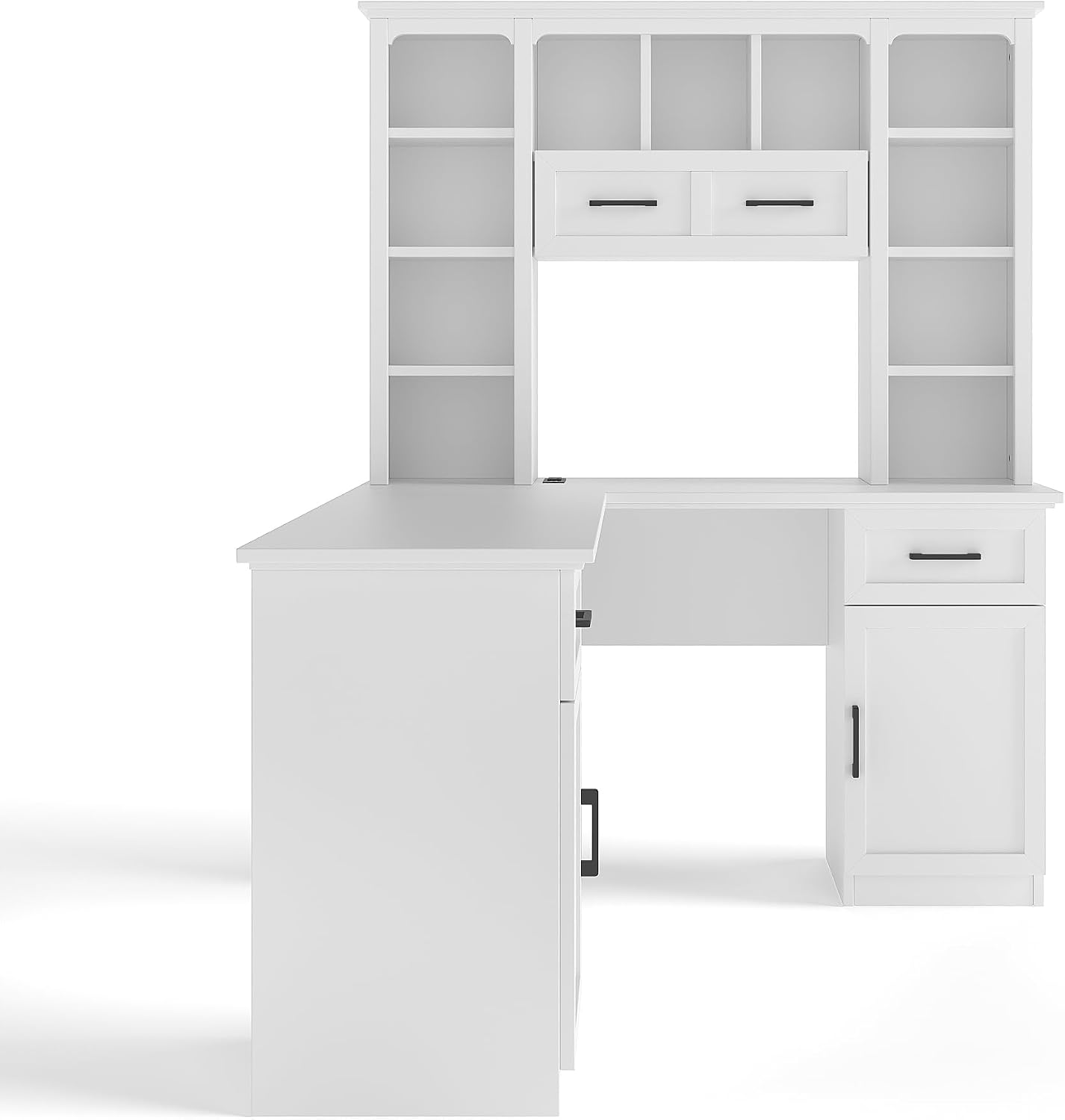 L Shaped Desk with Hutch, Corner Computer Desk with Storage Shelf & Cabinet, Laptop Pc Table Gaming Desk Workstation, Modern Executive Study Writing Desk for Home Office, Bedroom (White)