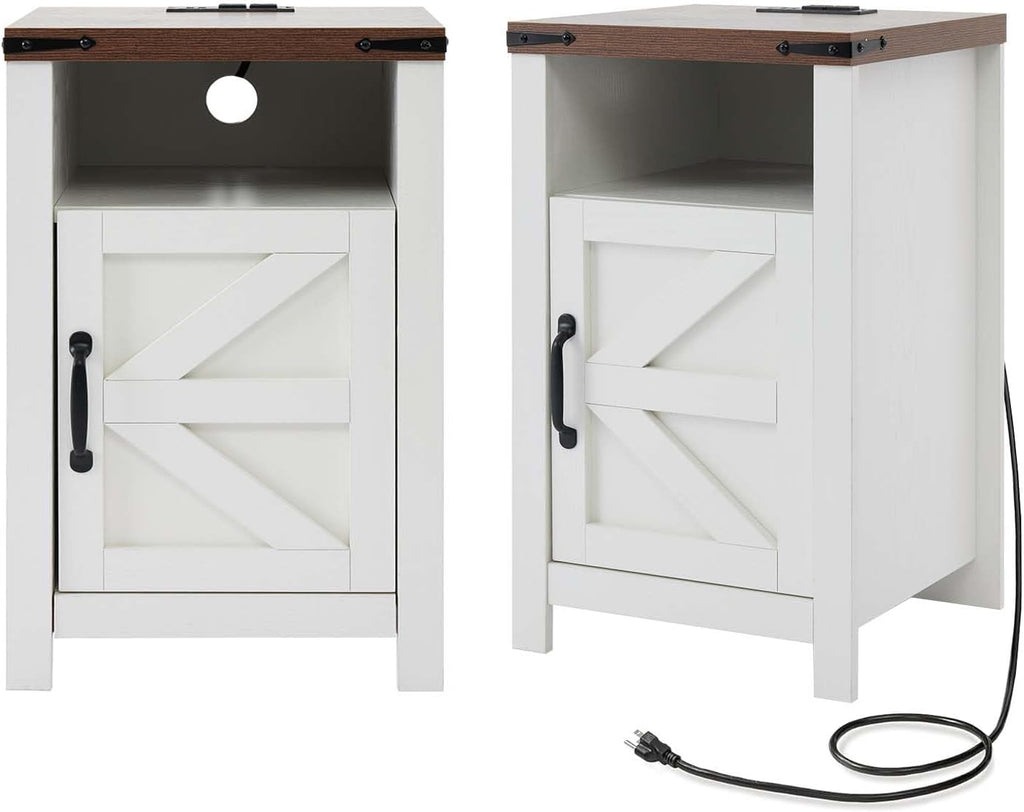 Farmhouse Nightstand Set of 2, Bedside Table with Charging Station, Night Stand with Barn Door, White End Table Sofa Side, Nightstand Storage for Bedroom Living Room, White