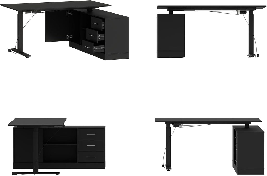 AGOTENI 63' W L-Shaped Electric Standing Desk with Cabinet, Height Adjustable & Reversible Corner Computer Desk with Drawers & Storage Shelves for Home Office, Black