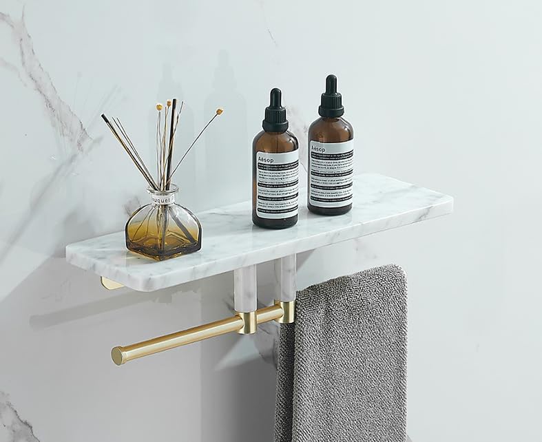 Marble Paper Towel Holder, Towel Rod, Wall Mounted Toilet Paper Holder, Shelf, white-30 Long Shelf with bar