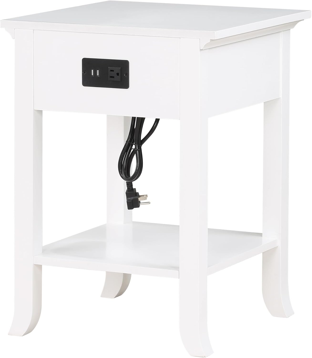 Convenience Concepts American Heritage Logan End Table with USB Ports & AC Outlet 18' - Square Living Room Side Table with Storage Drawer & Pull-Out Shelf, Bedroom Nightstand with Charging, White