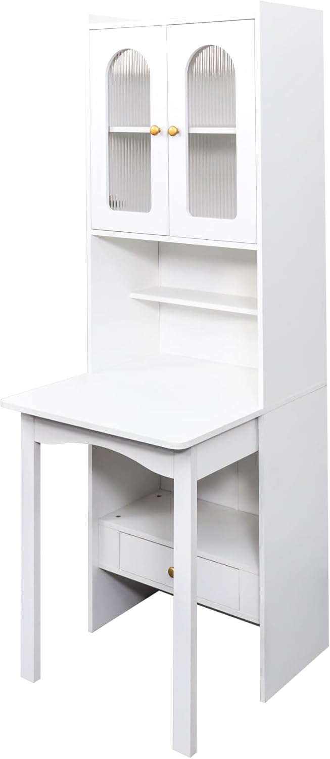Space-Saving Fold Out Wall Desk, Convertible Writing Table with Large Storage Cabinet & Shelves, Tall Cabinet Bookcase for Small Apartments, Home Office Workstation (White)