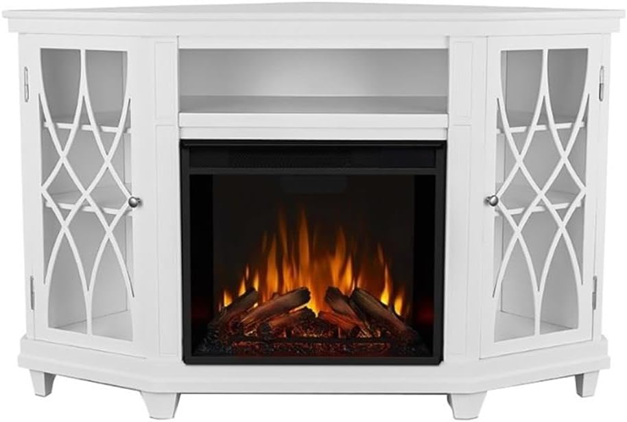 BOWERY HILL Modern Corner Fireplace TV Stand, Wood and Veneered MDF, White Finish, Fits TVs Up to 56', Infrared LED Electric Firebox, Adjustable Shelves, Contemporary Style, Living Room Entertainment