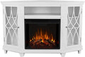 BOWERY HILL Modern Corner Fireplace TV Stand, Wood and Veneered MDF, White Finish, Fits TVs Up to 56', Infrared LED Electric Firebox, Adjustable Shelves, Contemporary Style, Living Room Entertainment