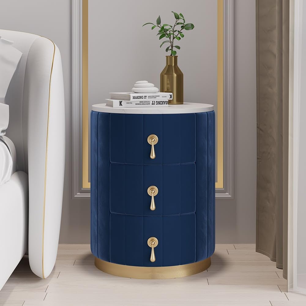homary Velvet Nightstand with Storage, Blue Round Bedside Table with 3 Drawers, Stone Top Night Table for Bedroom, End Tables for Living Room
