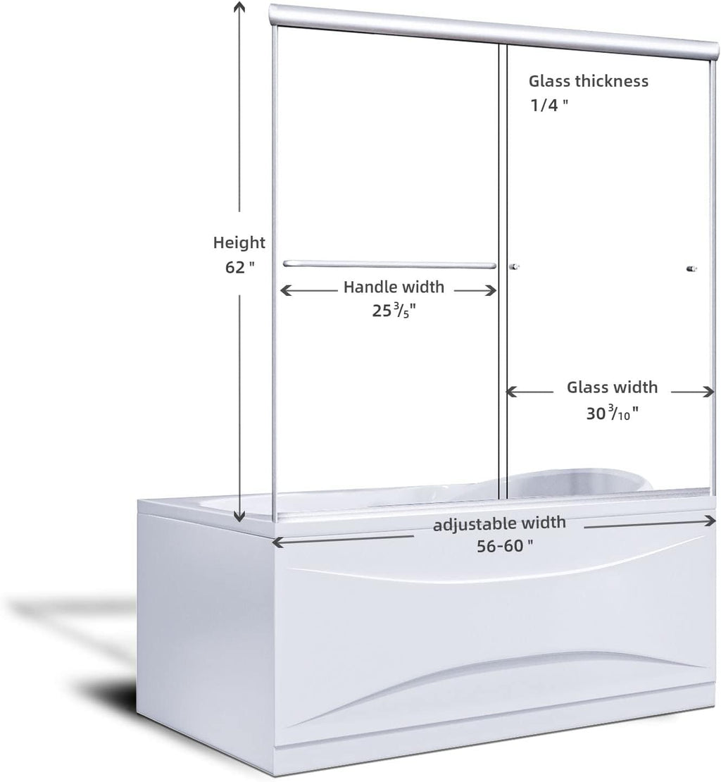 SUNNY SHOWER Bathtub Door 60' W x 57.4' H Bathtub Glass Sliding Shower Tub Door 1/4' Clear Glass, Brushed Nickel Finish
