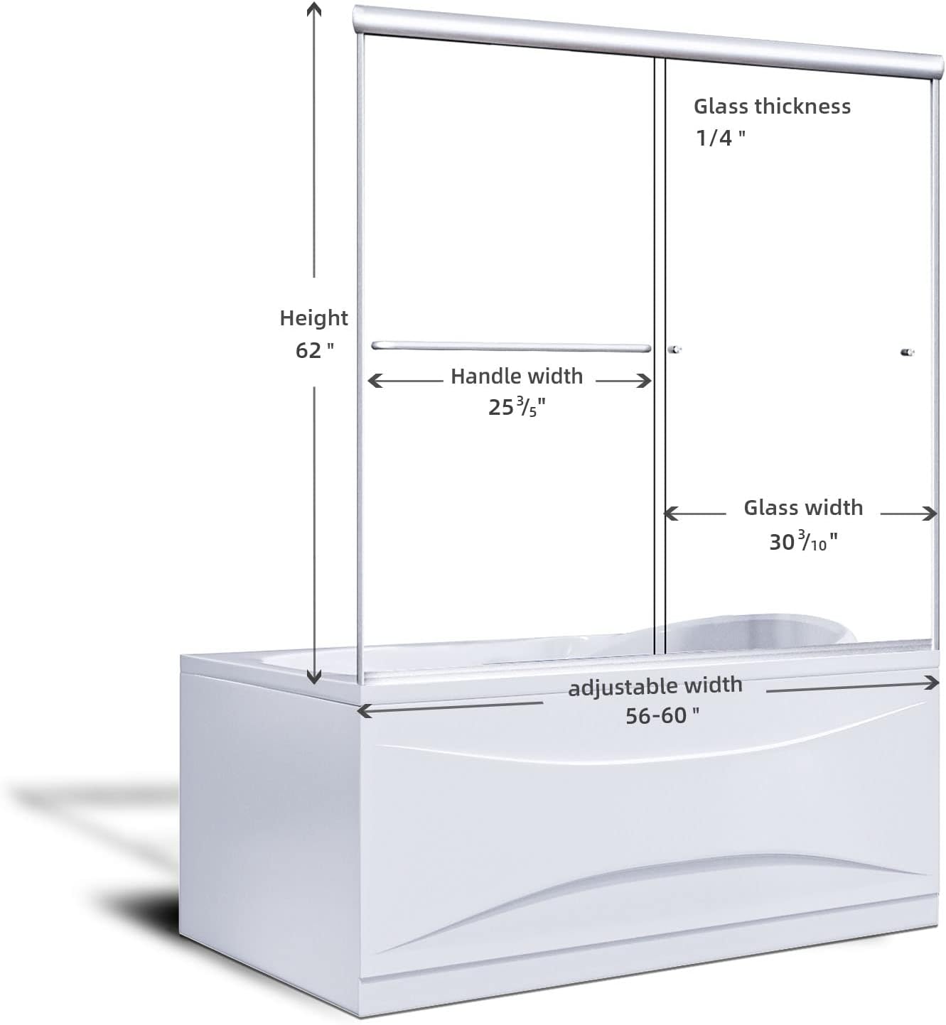 SUNNY SHOWER Bathtub Door 60' W x 57.4' H Bathtub Glass Sliding Shower Tub Door 1/4' Clear Glass, Brushed Nickel Finish
