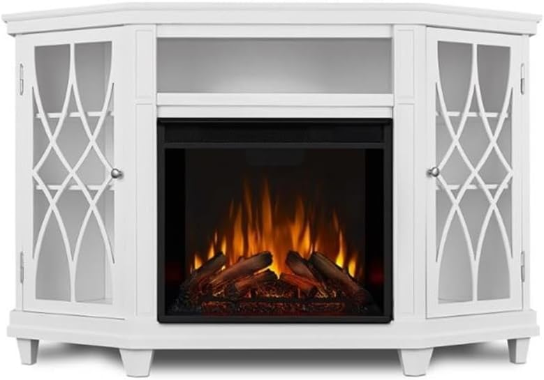 BOWERY HILL Modern Corner Fireplace TV Stand, Wood and Veneered MDF, White Finish, Fits TVs Up to 56', Infrared LED Electric Firebox, Adjustable Shelves, Contemporary Style, Living Room Entertainment
