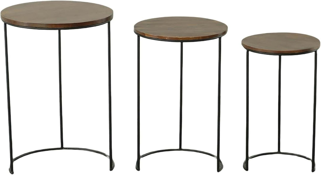 Carolina Chair & Table Astra Round Nesting 3-Piece Tables Set - Modern Powder Coated Black Metal Frames with Stained Wood Tops - Space Saving Accent Furniture for Living Room, Bedroom (Chestnut/Black)