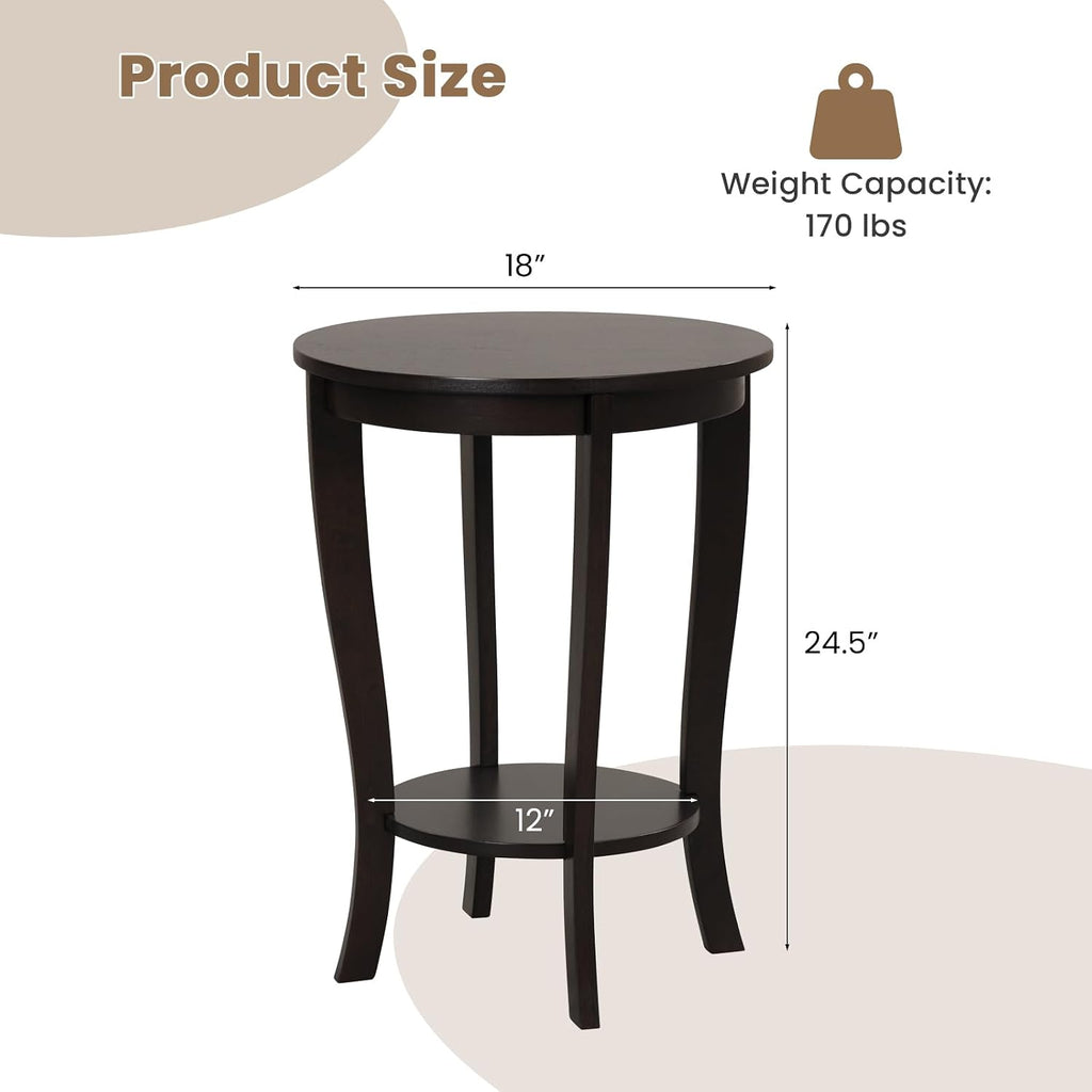 GOFLAME 2-Tier Round End Table Set of 2, 18' Sofa Side Table with Storage Shelf, Floor Tea Table with Solid Wood Legs, Compact Nightstand for Small Space, Living Room, Bedroom, Espresso