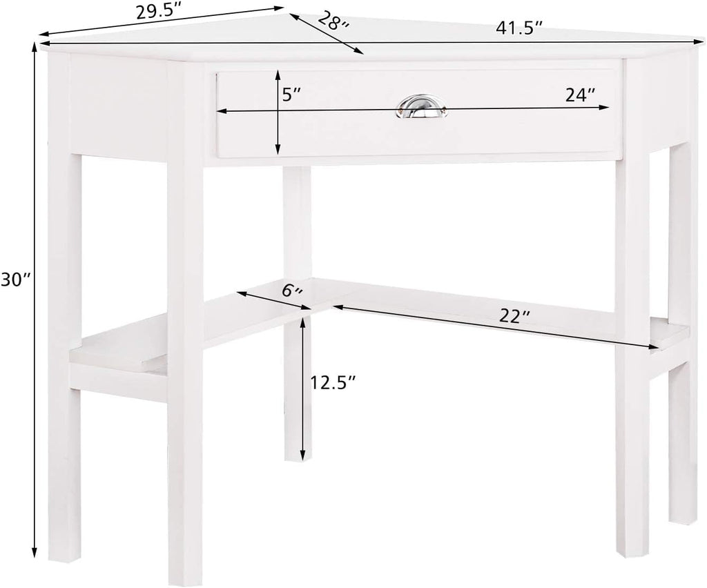 DORTALA Corner Desk, Writing & Study Corner Computer Desk, Laptop PC Table, Wood Home Office Desk, Small Corner Desk w/Storage Drawer, Shelves, Office Study Workstation, White Corner Desk (White)