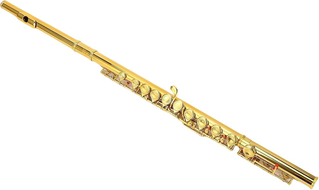 16 Keys C Flute Professional Closed Hole Cupronickel Flute Instrument with Split E Key Ergonomic Design for Beginner Student Adult Orchestra Performance Gold