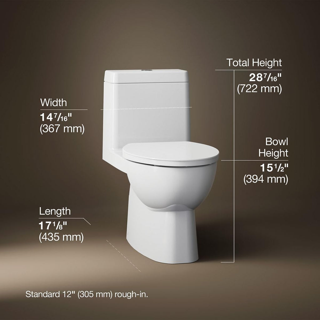 KOHLER K-3983-S-0 Reach One-Piece Dual-Flush Compact Elongated Bowl Toilet with Slow Close Toilet Seat Included, White, 12-inch Rough-in