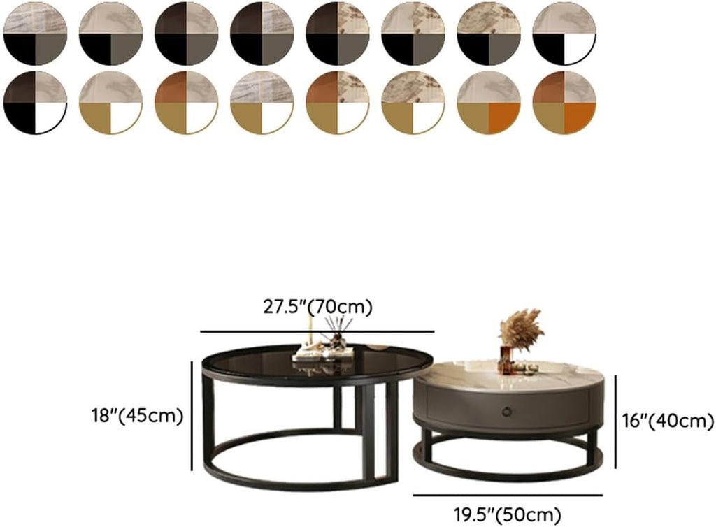 LITFAD 2-Piece Nesting Coffee Tables Steel Frame Round Slate Top Living Room Table Modern Central Table with Storage Drawer for Living Room, Office, Cafe - 27.5'L + 19.5'L Black/ Grey - Clear/ Pandora